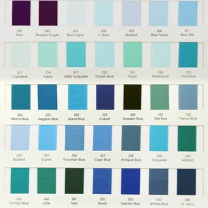 May include: A color chart of 36 different shades of blue, red, and green ribbon. The chart is labeled with the color name and number for each shade.