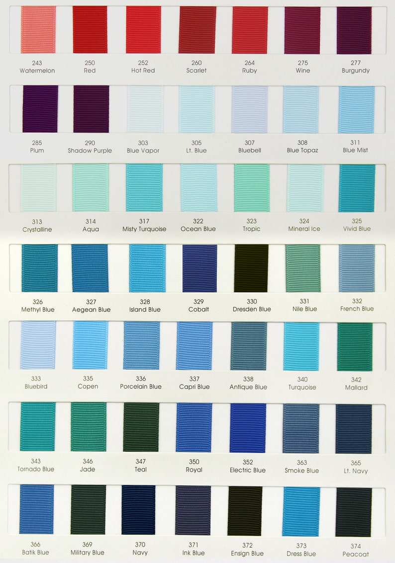May include: A color chart of 36 different shades of blue, red, and green ribbon. The chart is labeled with the color name and number for each shade.