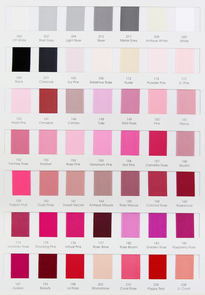 May include: A color chart of 28 different shades of pink, red, and white ribbon. The ribbon is arranged in rows and columns, with each shade labeled with a number and a name. The chart is printed on a white background.