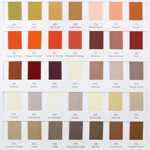 May include: A color chart of 36 different shades of ribbon, with each color labeled with a number and a name. The colors range from yellow to brown, with a variety of shades in between.