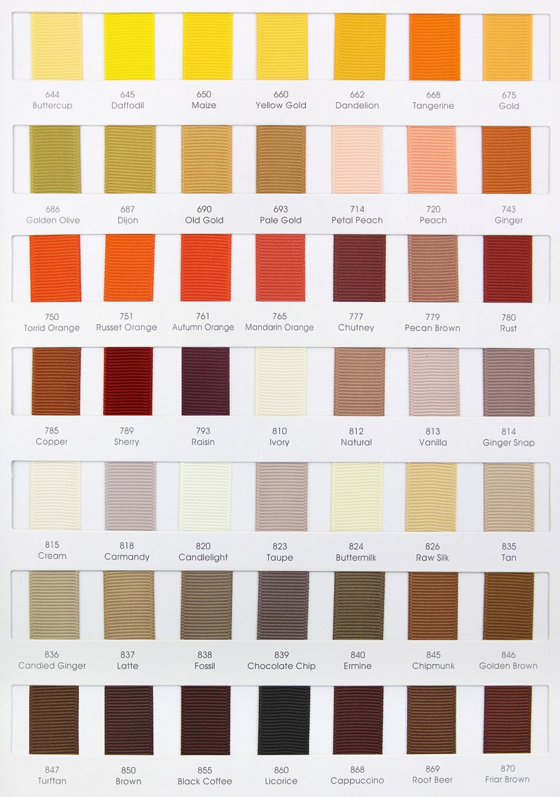 May include: A color chart of 36 different shades of ribbon, with each color labeled with a number and a name. The colors range from yellow to brown, with a variety of shades in between.