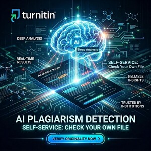 K&ouml;nnte beinhalten: Eine digitale Grafik mit dem Turnitin-Logo und einem leuchtend blauen Gehirnsymbol, das mit einem Dokument namens Academic Paper verbunden ist. Der Text umfasst Deep Analysis, Real-Time Results, Self-Service: Check Your Own File, Reliable Insights, Trusted by Institutions, AI Plagiarism Detection und Verify Originality Now.