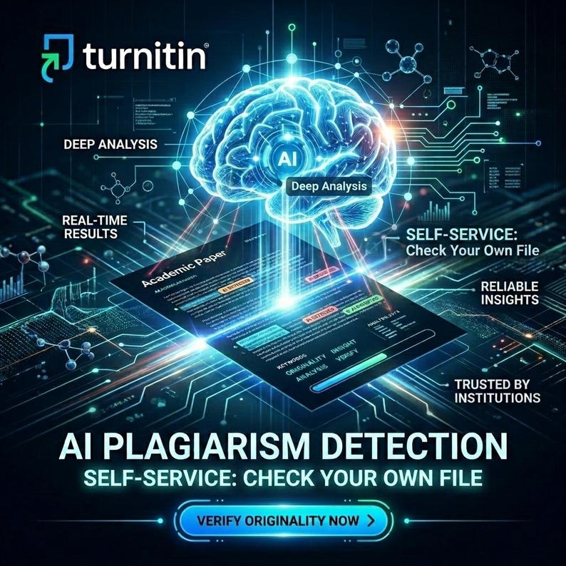 K&ouml;nnte beinhalten: Eine digitale Grafik mit dem Turnitin-Logo und einem leuchtend blauen Gehirnsymbol, das mit einem Dokument namens Academic Paper verbunden ist. Der Text umfasst Deep Analysis, Real-Time Results, Self-Service: Check Your Own File, Reliable Insights, Trusted by Institutions, AI Plagiarism Detection und Verify Originality Now.