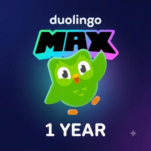 May include: A digital graphic featuring the Duolingo Max logo with the green owl mascot waving. The text reads duolingo MAX in bold black letters with a colourful gradient outline, and the words 1 YEAR appear in white at the bottom on a dark blue background.