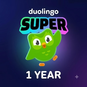 May include: A graphic featuring the Duolingo owl, a bright green character with large white eyes and an orange beak, waving. Above the owl is the text "duolingo SUPER" in a colourful gradient font, and below is the text "1 YEAR" in white.