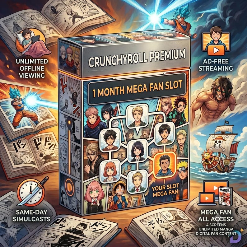 K&ouml;nnte beinhalten: Eine rechteckige Crunchyroll Premium 1 Month Mega Fan Slot Box mit Anime-Charakterillustrationen, einem Netzwerk aus Profilsymbolen und Textbeschriftungen f&uuml;r werbefreies Streaming, Offline-Anzeige und digitalen Manga-Zugriff.