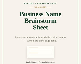 Personal Chef Business Name Ideas Worksheet | Brainstorm a Memorable Name | No More Blank Page | Printable PDF Download