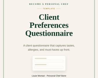 Personal Chef Client Preferences Questionnaire | Intake Form for Private Chefs | Tastes & Allergies | Instant Download PDF