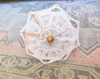 Vintage Lace Parasol Umbrella White Cotton Wooden Handle Decorative
