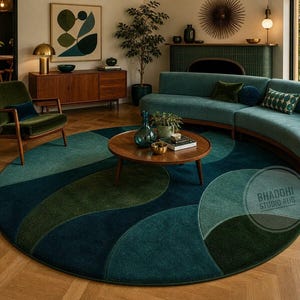May include: A large circular area rug featuring an abstract pattern of overlapping curved shapes in various shades of teal, forest green, and dark blue. The rug has a soft, textured surface and includes a circular logo reading BHADOHI STUDIO RUG.