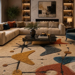 Hand-Tufted Wool Mid Century Modern Rug, Atomic Abstract Geometric Living Room Carpet