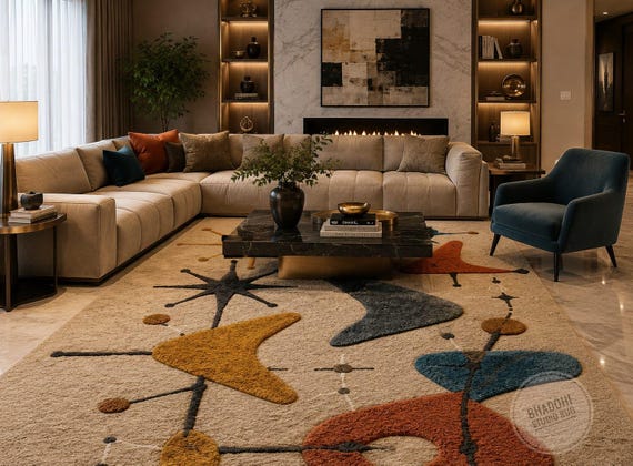 Hand-Tufted Wool Mid Century Modern Rug, Atomic Abstract Geometric Living Room Carpet