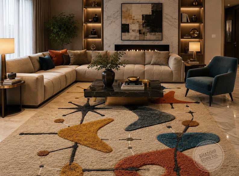 Hand-Tufted Wool Mid Century Modern Rug, Atomic Abstract Geometric Living Room Carpet image 1