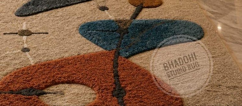 Hand-Tufted Wool Mid Century Modern Rug, Atomic Abstract Geometric Living Room Carpet image 2