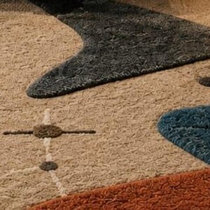 May include: A textured area rug featuring a beige background with a pattern of abstract shapes in dark gray, mustard yellow, blue, and burnt orange. The design includes thin white lines connecting small dark circles, creating a geometric motif.