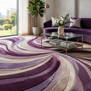Hand Tufted Wool Abstract Rug, Purple Curved Modern Living Room Carpet