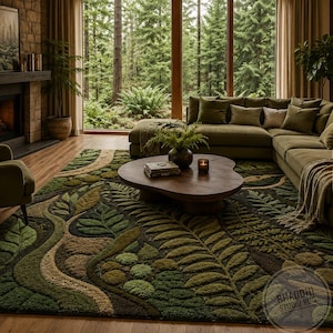 May include: A large rectangular area rug featuring a textured, three-dimensional botanical pattern with various shades of green, brown, and beige. The design includes raised leaf motifs, fern fronds, and moss-like textures across the surface.
