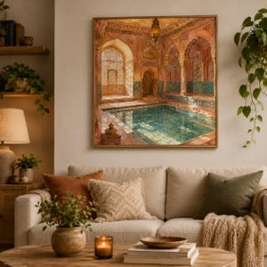 May include: A square wall art print depicting an ornate indoor pool area with arched doorways, intricate stone carvings, and warm lighting. The scene features a turquoise water pool surrounded by textured walls in shades of peach and gold.