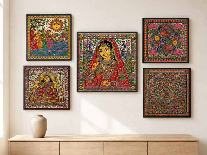 May include: A collection of five square framed wall art pieces featuring intricate Madhubani style paintings. The artworks display vibrant scenes including a central bride, a deity with tigers, a sun, fish, and a tree, all with detailed patterns.