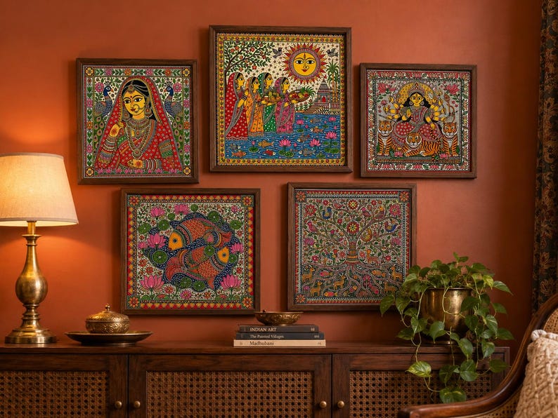 May include: A collection of five square framed wall art pieces featuring intricate Madhubani style paintings. The artworks depict a woman in traditional attire, figures near a sun, a deity on tigers, two fish, and a tree of life, all in vibrant colors.