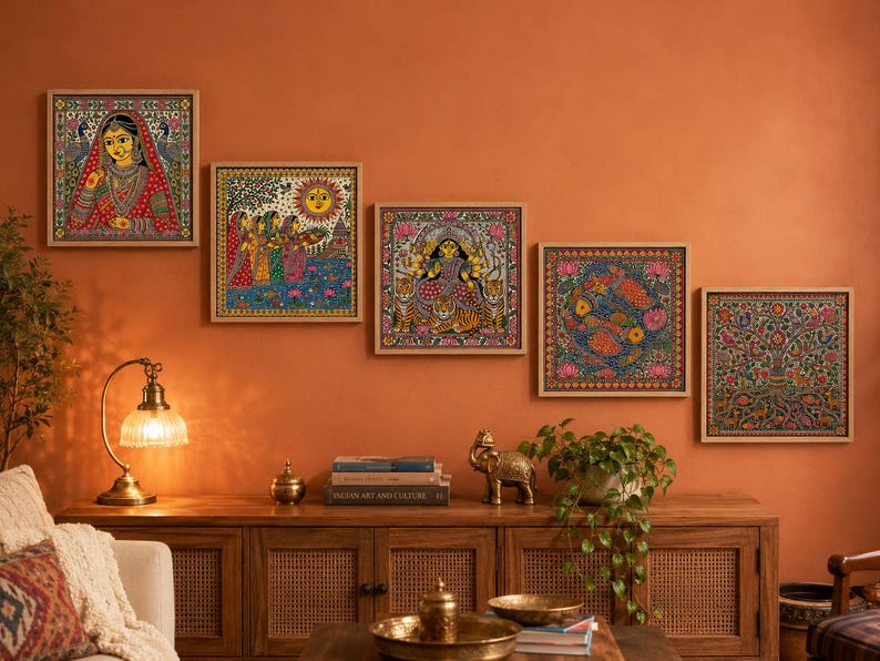 May include: Five square wall art pieces featuring intricate, colorful folk-style illustrations of figures, deities, and nature motifs. Each framed print displays detailed patterns in vibrant hues of red, blue, yellow, and green, arranged in a stepped formation.