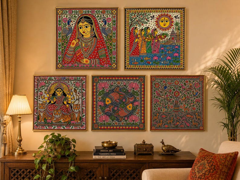 May include: A set of five square wall art prints featuring intricate folk-style illustrations. The collection includes depictions of a woman in traditional attire, a sunlit river scene, a multi-armed deity with tigers, two fish, and a tree of life.