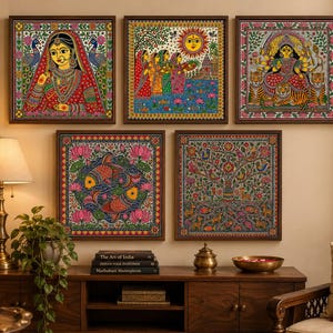 May include: A set of five square framed Madhubani paintings featuring intricate folk art designs, including a woman in traditional attire, a sun scene, a multi-armed deity on a tiger, two fish among lotus flowers, and a tree of life motif.
