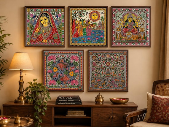 Madhubani Wall Art 5 Piece Print Set — Mithila Painting Gallery Wall Set, Indian Folk Art Statement Wall Set Digital Download