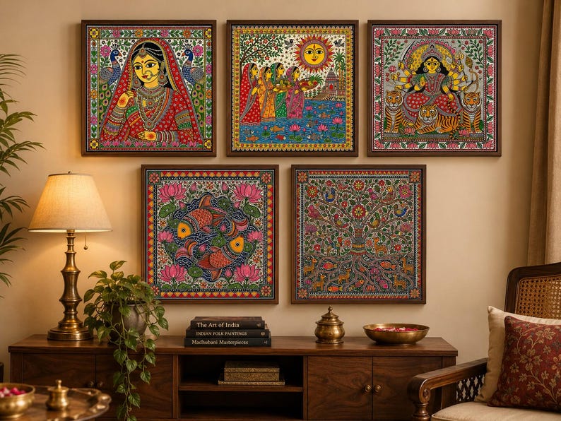 May include: A set of five square framed Madhubani paintings featuring intricate folk art designs, including a woman in traditional attire, a sun scene, a multi-armed deity on a tiger, two fish among lotus flowers, and a tree of life motif.