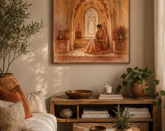 Grafika artystyczna Mogołów – Kobieta siedząca w oknie Jali, architektura islamska, pobieranie cyfrowe