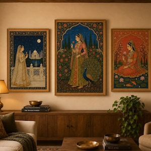 May include: Three framed wall art prints featuring detailed illustrations of figures in traditional attire. The left print shows a person near a monument at night, the center shows a person with a peacock, and the right shows a person near lotus flowers.