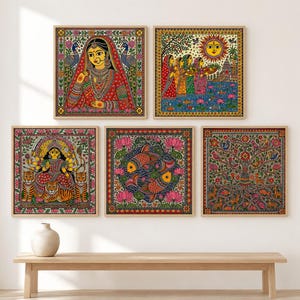 May include: A set of five square framed wall art prints featuring vibrant Madhubani style illustrations. The collection includes a portrait of a person in traditional attire, a sunlit river scene, a deity with tigers, two fish, and a tree of life.
