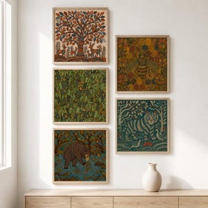 May include: A set of five square wall art prints featuring detailed illustrations of a tree with forest animals, a bee on a honeycomb, monkeys in a bamboo forest, a tiger in a jungle, and a bear fishing in a river, all in earthy tones.