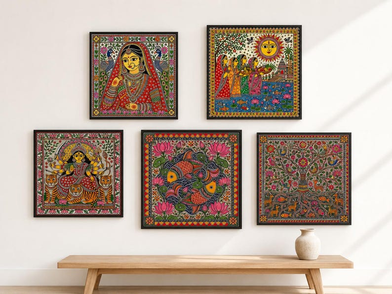 May include: A set of five square framed wall art pieces featuring vibrant Madhubani style paintings. The collection includes depictions of a woman in traditional attire, figures by a river, a multi-armed deity with tigers, two fish, and a tree.