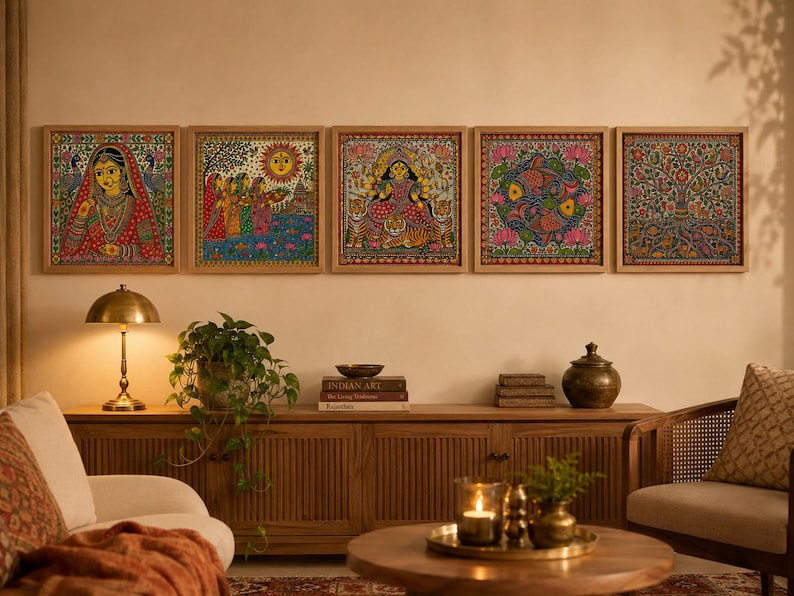 May include: Five square wall art pieces in light wood frames featuring intricate, colorful paintings. The artworks depict a person in traditional attire, a group near a sun, a multi-armed figure with tigers, fish among lotus flowers, and a tree.
