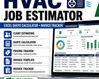 HVAC Job Estimator Excel Spreadsheet, Quote Calculator, Client Estimate Template, Invoice Tracker for HVAC Contractors
