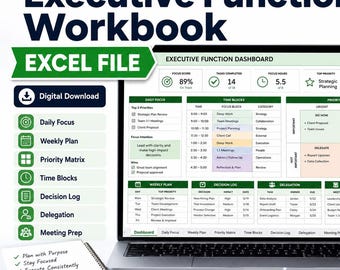 Executive Function Workbook Excel Spreadsheet | Daily Focus Planner, Weekly Plan, Priority Matrix, Time Blocks, Decision Log & Meeting Prep