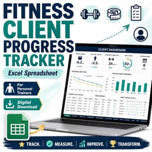 May include: A digital fitness client progress tracker Excel spreadsheet displayed on a laptop screen. The dashboard features charts, workout logs, and habit trackers. Text includes Fitness Client Progress Tracker, For Personal Trainers, and Digital Download.