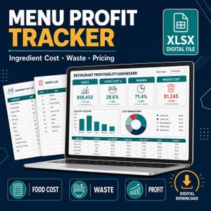 Könnte beinhalten: Ein digitaler Menu Profit Tracker auf einem Laptop-Bildschirm, der ein Restaurant-Rentabilitäts-Dashboard mit Daten zu Umsatz, Lebensmittelkosten, Marge und Abfallkosten zeigt. Enthält Zutatenkosten- und Abfallprotokoll-Listen.