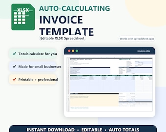 Invoice Template Excel Spreadsheet, Auto Calculating Small Business Invoice, Editable Client Billing Template