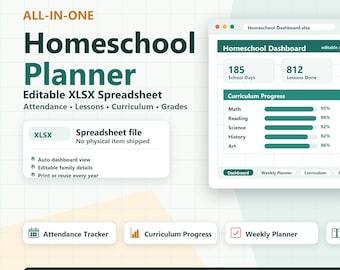 Homeschool Planner Excel Spreadsheet, Curriculum Tracker, Attendance Log & Weekly Lesson Plan Template