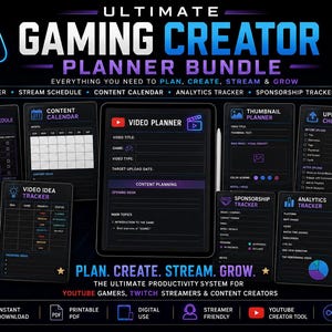 May include: The Ultimate Gaming Creator Planner Bundle features ten digital planning tools for content creators. The black interface includes a video planner, stream schedule, content calendar, analytics tracker, and sponsorship tracker with neon blue and purple text.