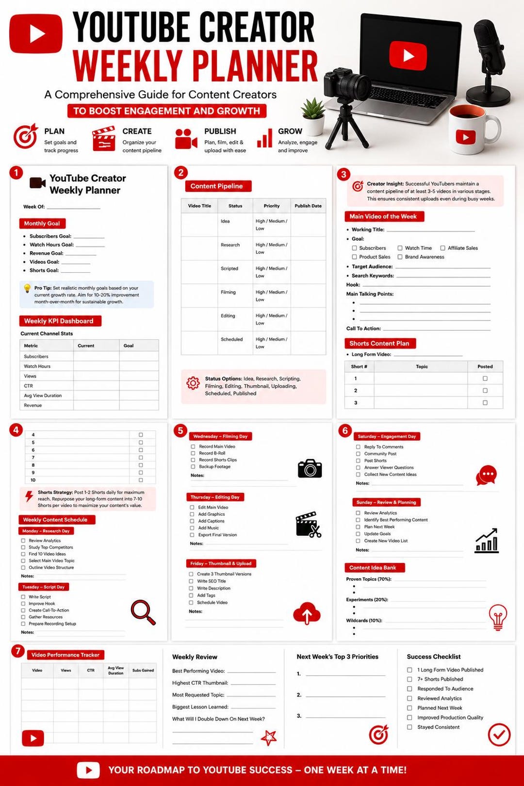 Youtube Creator Weekly Planner | Content Growth Tracker (digital ...