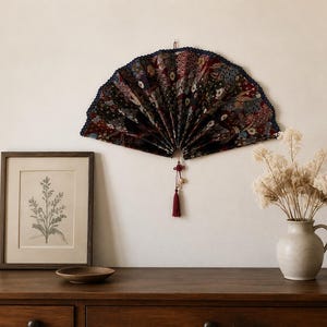 Decorative Wall Fan, Handmade Chinese Fabric Wall Art, Oriental Wall Decor, Asian Home Decor, Unique Textile Wall Hanging