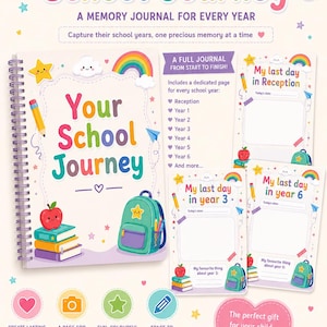 Może przedstawiać: Spiralny dziennik wspomnień zatytułowany School Journey z kolorową okładką przedstawiającą tęczę, gwiazdy, stos książek, jabłko i plecak. Dziennik zawiera dedykowane strony na każdy rok szkolny od zerówki do szóstej klasy.