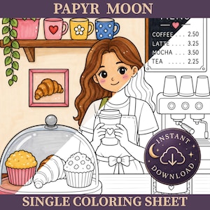 May include: A digital colouring sheet titled PAPYR MOON featuring a split-view illustration of a barista holding a coffee cup in a cafe. The scene includes shelves with mugs, a framed croissant, a menu board, and a pastry display case with muffins.