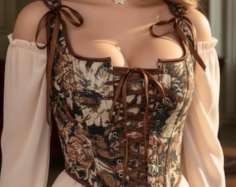 Floral Corset Top for Women, Renaissance Lace-up Bustier, Vintage Fairycore Bodice, Romantic Medieval Crop Top for Cosplay and Festivals