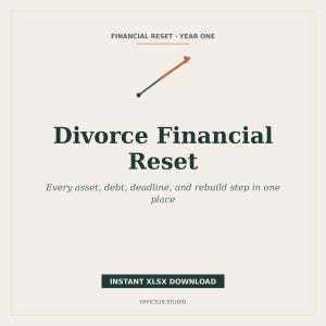 Op de afbeelding: Een digitaal document getiteld Divorce Financial Reset, Financial Reset Year One, met een pijl omhoog als grafiek. De ondertitel luidt: Every asset, debt, deadline, and rebuild step in one place. Bevat een Instant XLSX Download knop en Office20 Studio tekst.
