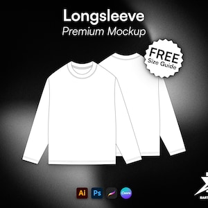 Op de afbeelding: Een wit longsleeve shirt mockup met voor- en achteraanzicht en een ronde hals. De afbeelding bevat de tekst "Longsleeve Premium Mockup" en een cirkelvormige badge met de tekst "FREE Size Guide", samen met software-iconen onderaan.