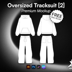 Könnte beinhalten: Eine weiße Strichzeichnung eines Oversized-Trainingsanzugs, bestehend aus einem Kapuzenpullover mit Vordertasche und einer passenden Jogginghose mit Kordelzug. Der Text lautet Oversized Tracksuit [2] Premium Mockup und FREE Size Guide.